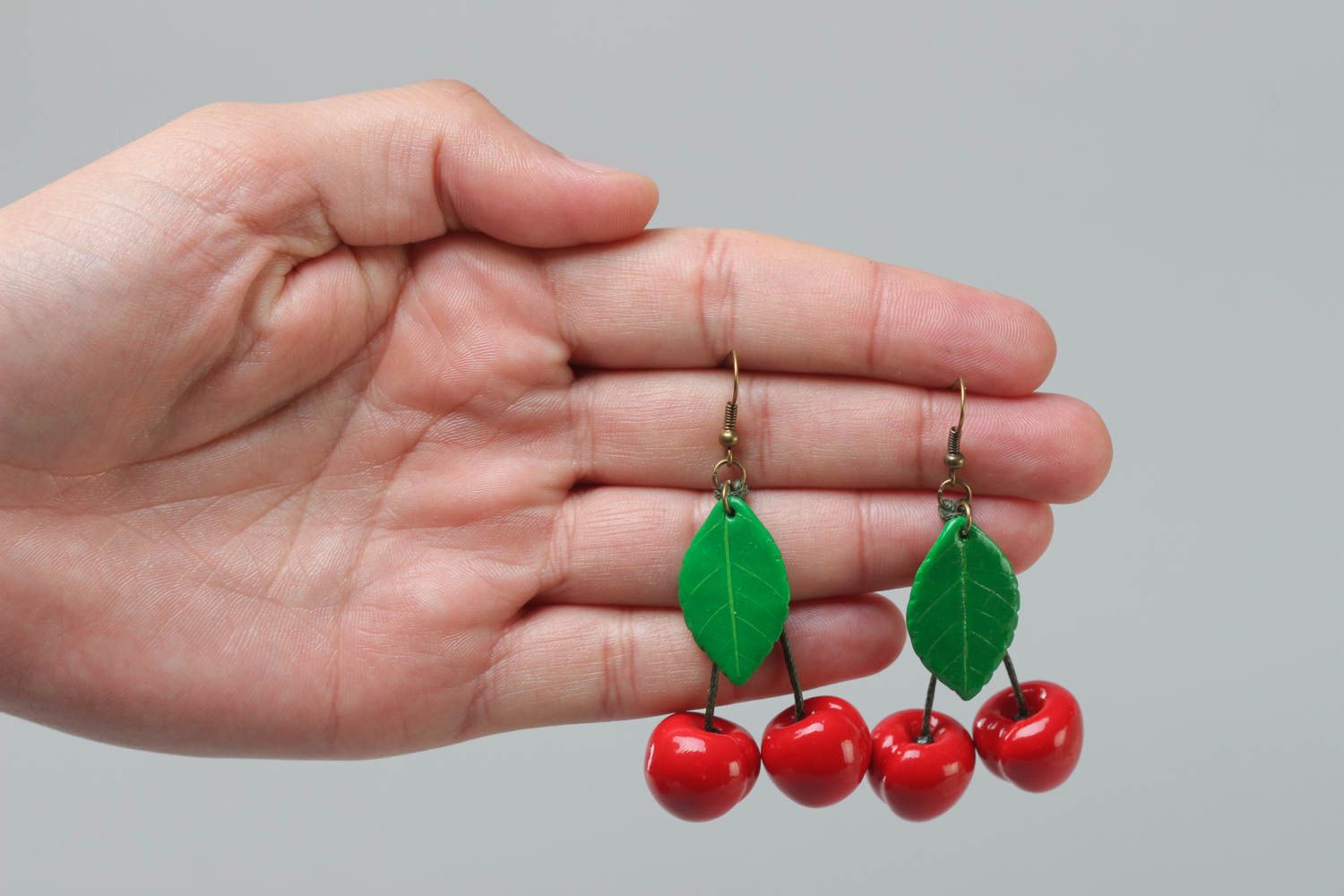 Handmade women's summer polymer clay long earrings in the shape of cherries photo 5