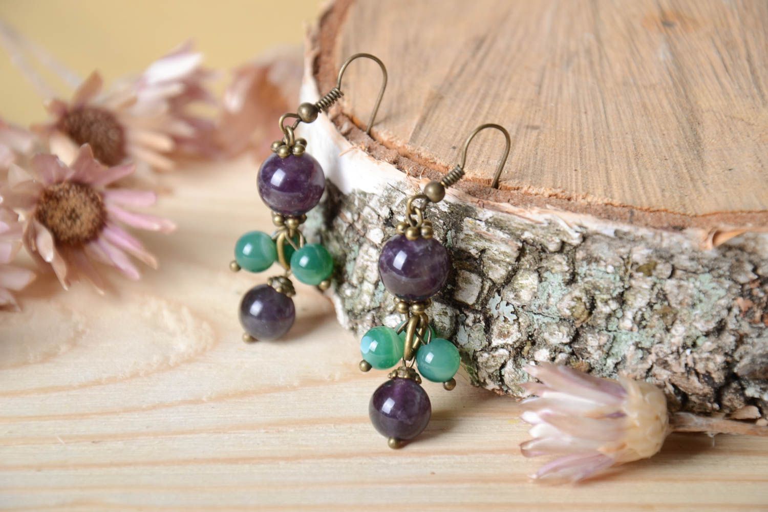 Handmade grüne Ohrringe mit Steinen Designer Schmuck Accessoire für Frauen  foto 1