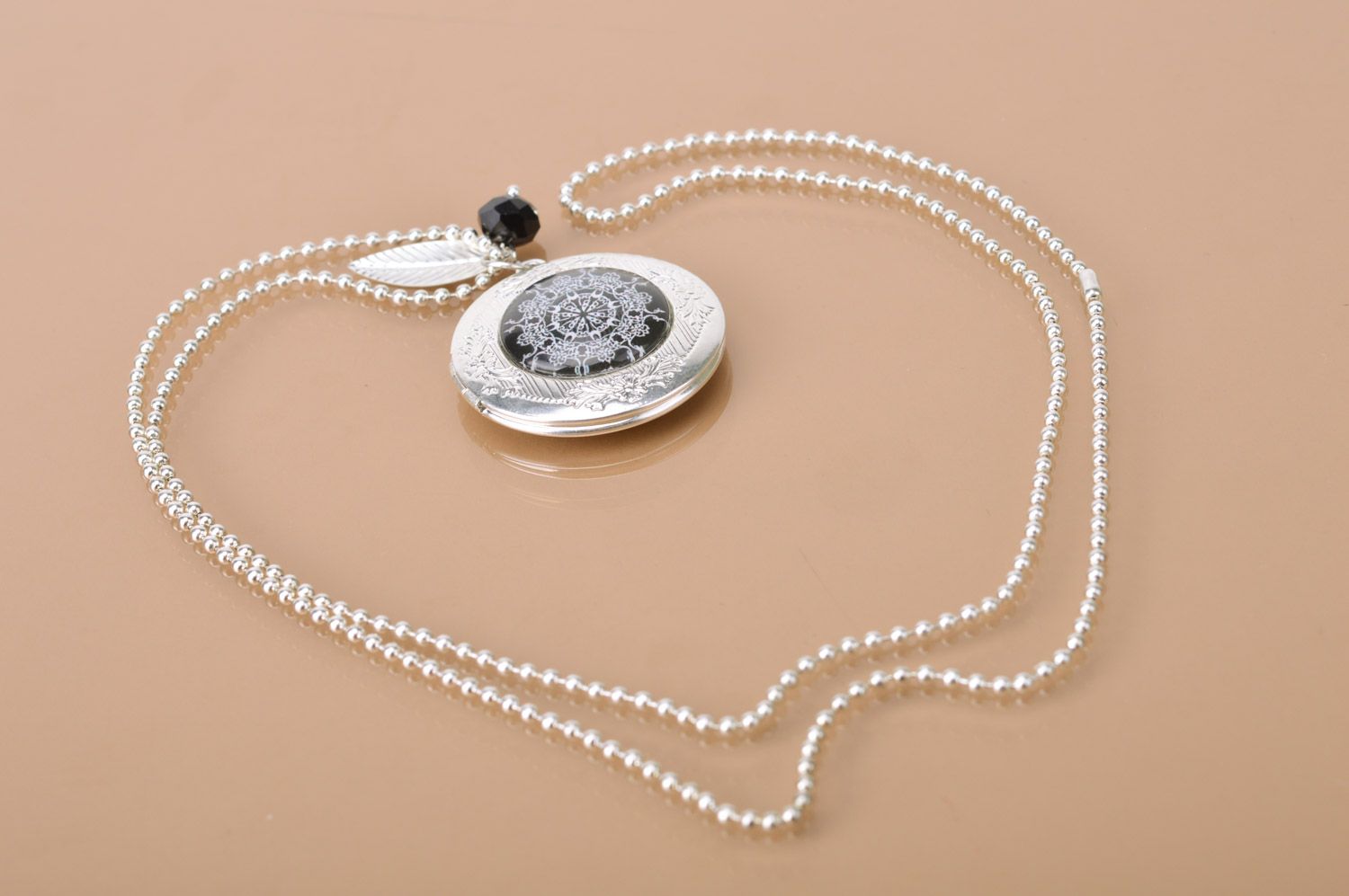 Handmade designer metal locket pendant for photo on long chain with bead  photo 2