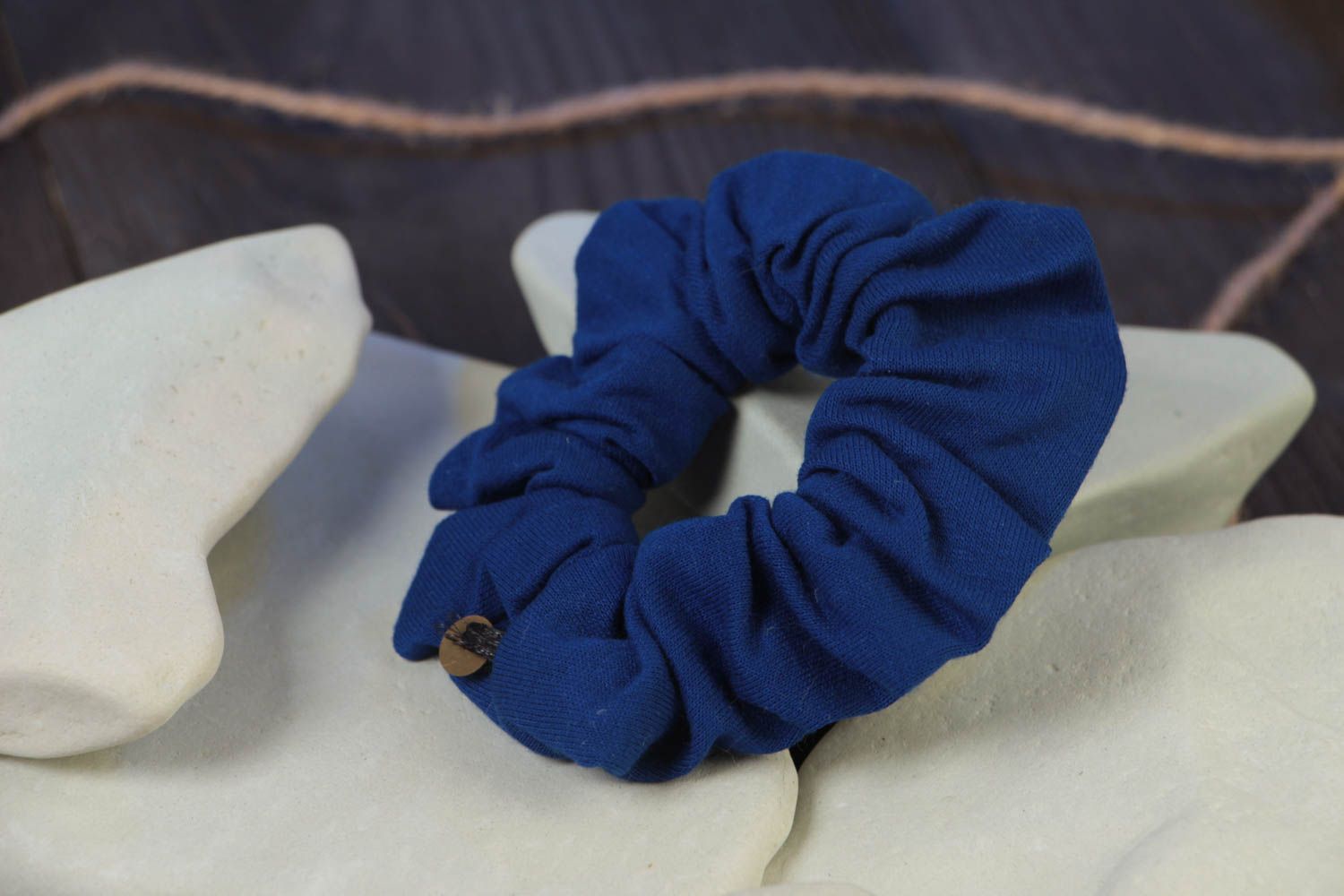 One colored dark blue handmade decorative fabric hair tie of laconic design photo 1