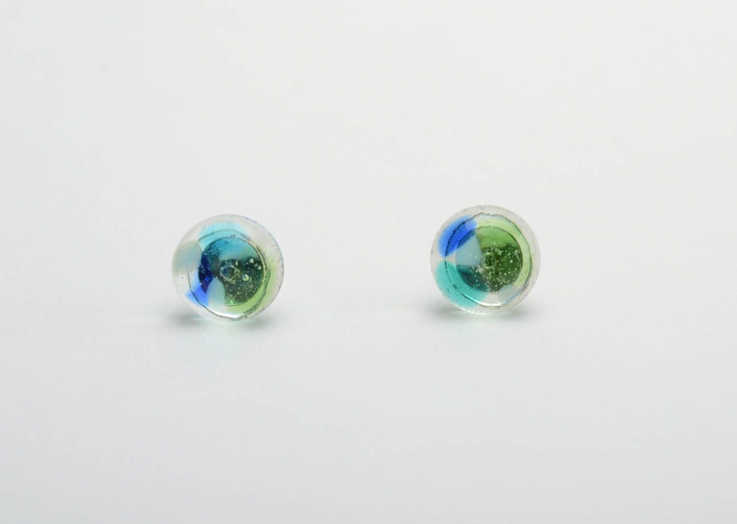 Colored stud earrings fusing glass handmade small round beautiful jewelry photo 5