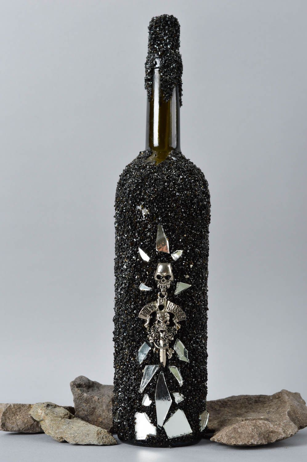 Стеклянная бутылка хэнд мэйд черная с песком украшение для дома декор квартиры фото 1