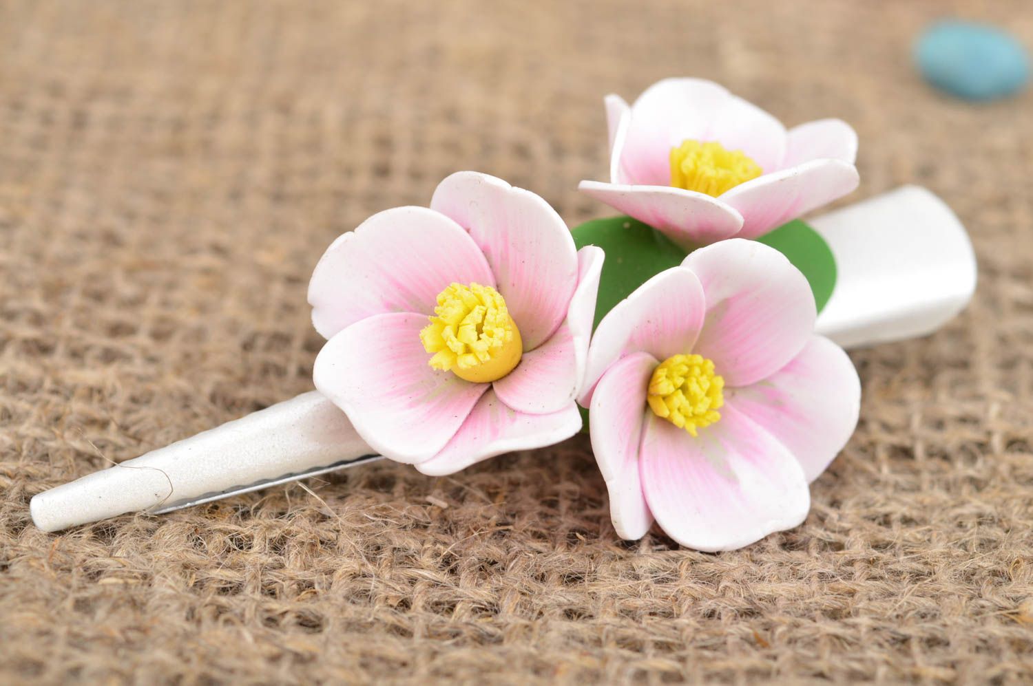 Handmade white and pink beautiful hair clip with flowers made of polymer clay photo 1