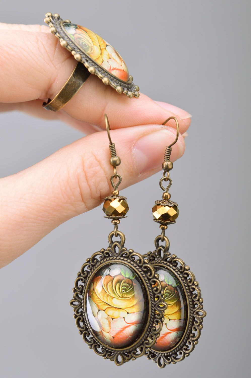 Handmade metal jewelry set 2 items long earrings and ring Vintage photo 3