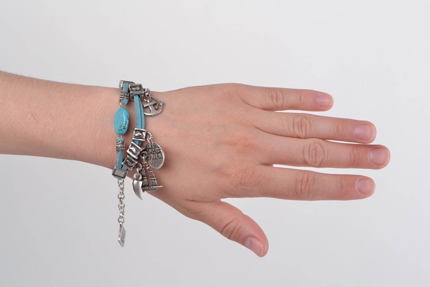 Handmade leather cord wrist bracelet with metal charms and turquoise for women photo 1