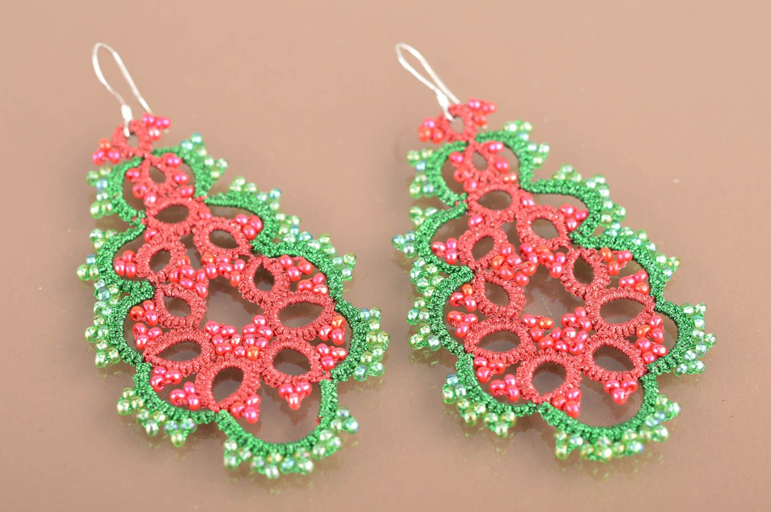 Women's handmade designer crochet tatted earrings with beads unusual jewelry photo 2