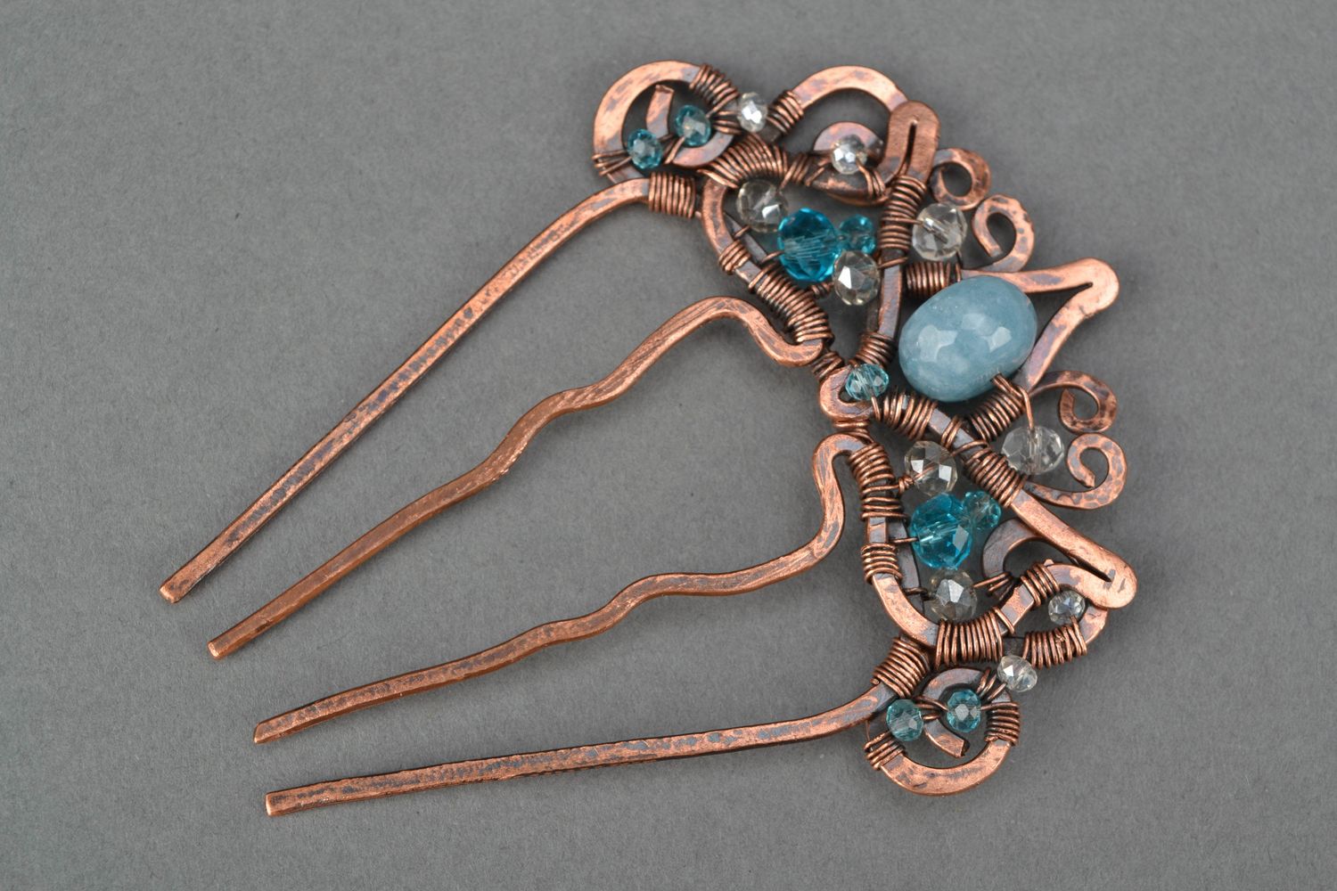 Wire wrap copper hair comb with stones photo 4