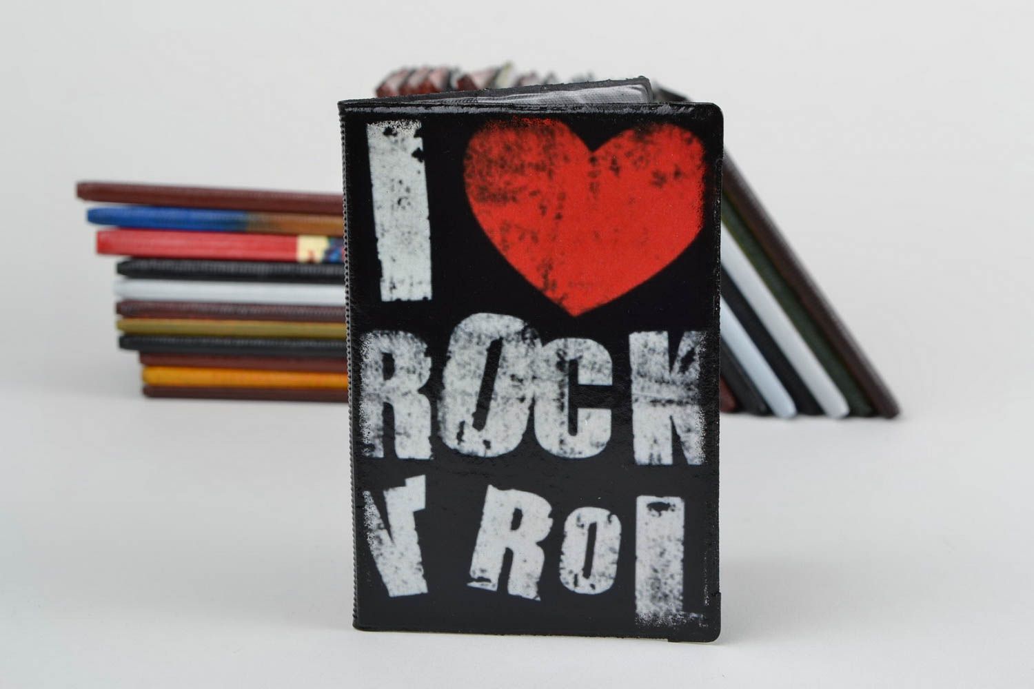 Handmade designer faux leather passport cover with decoupage I love rock n roll photo 5