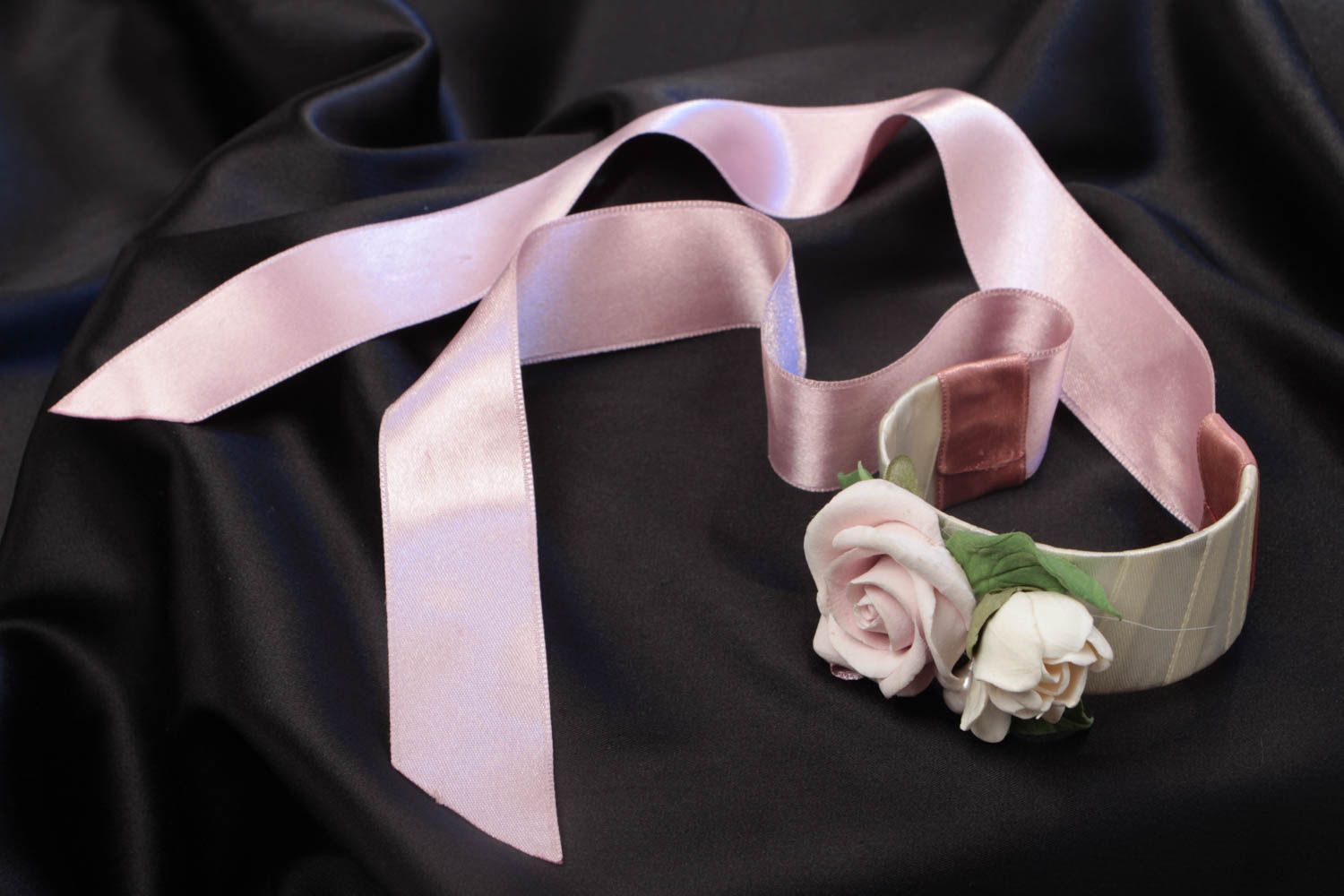 Pink rose flower wedding bracelet with satin ribbons photo 2