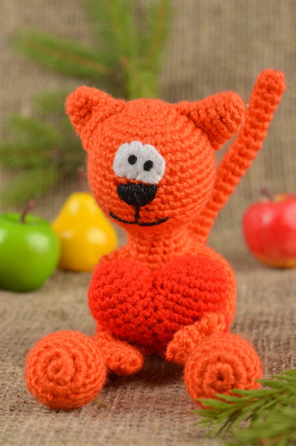 Crocheted red cat toy handmade cotton cat toy kids soft toy knitted small toy   photo 1