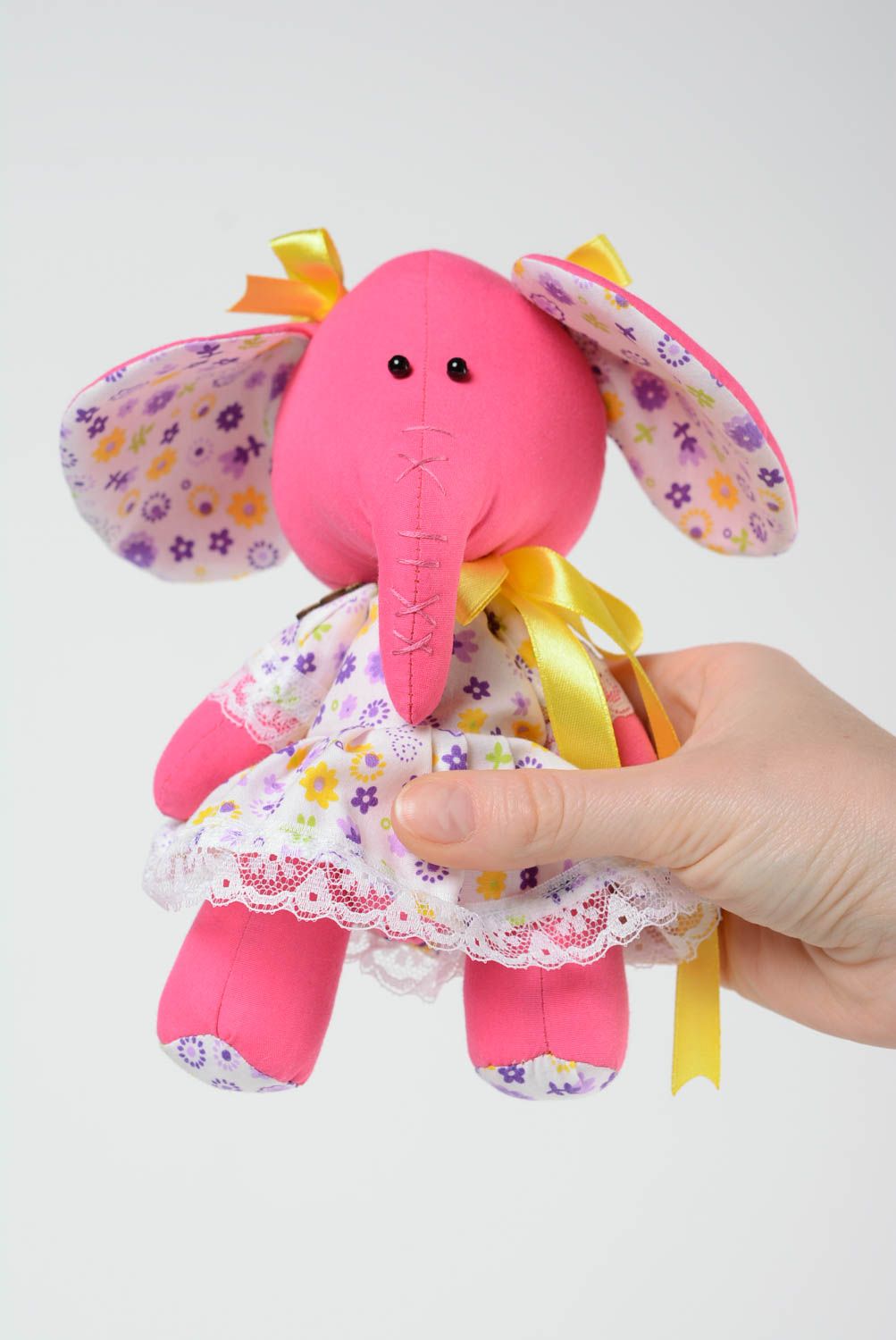 Handmade cotton soft toy pink elephant in floral dress with yellow ribbons photo 5