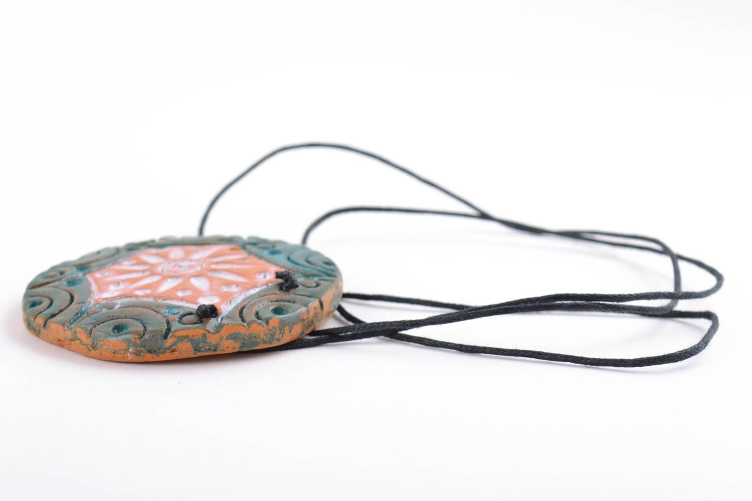 Handmade clay pendant on long cord round unusual stylish accessory for women photo 5