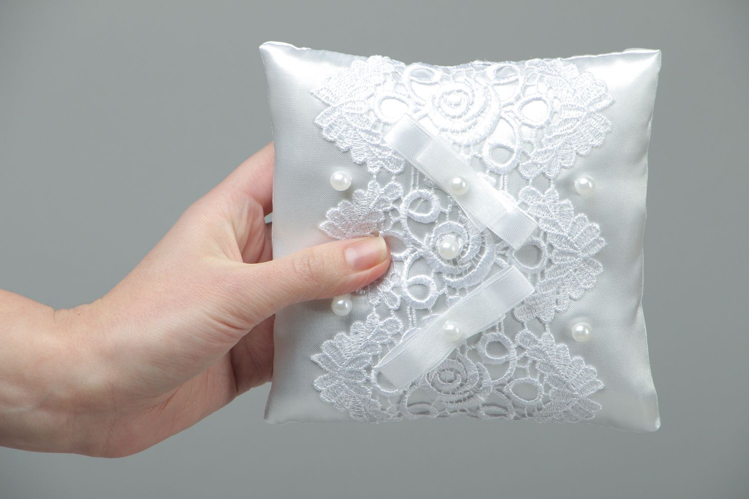 White satin wedding ring pillow photo 4