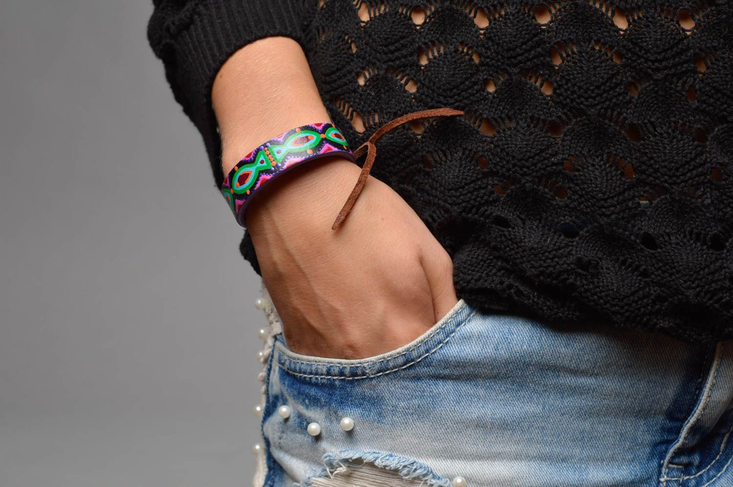 Bracelet cuir naturel Bijou fait main peint multicolore Accessoire femme photo 5