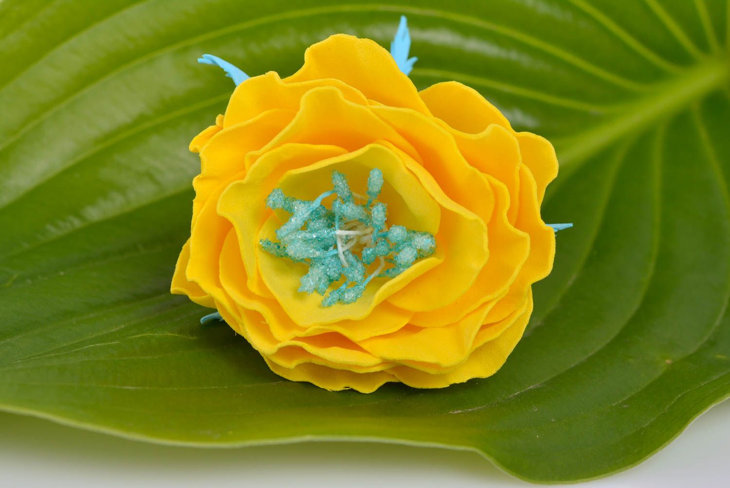 Élastique à cheveux jaune bleu avec grande fleur en foamiran fait main original photo 3