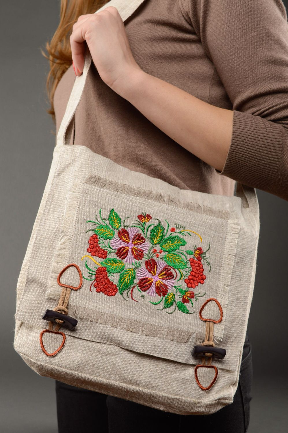 Fabric shoulder bag with embroidery for women photo 2