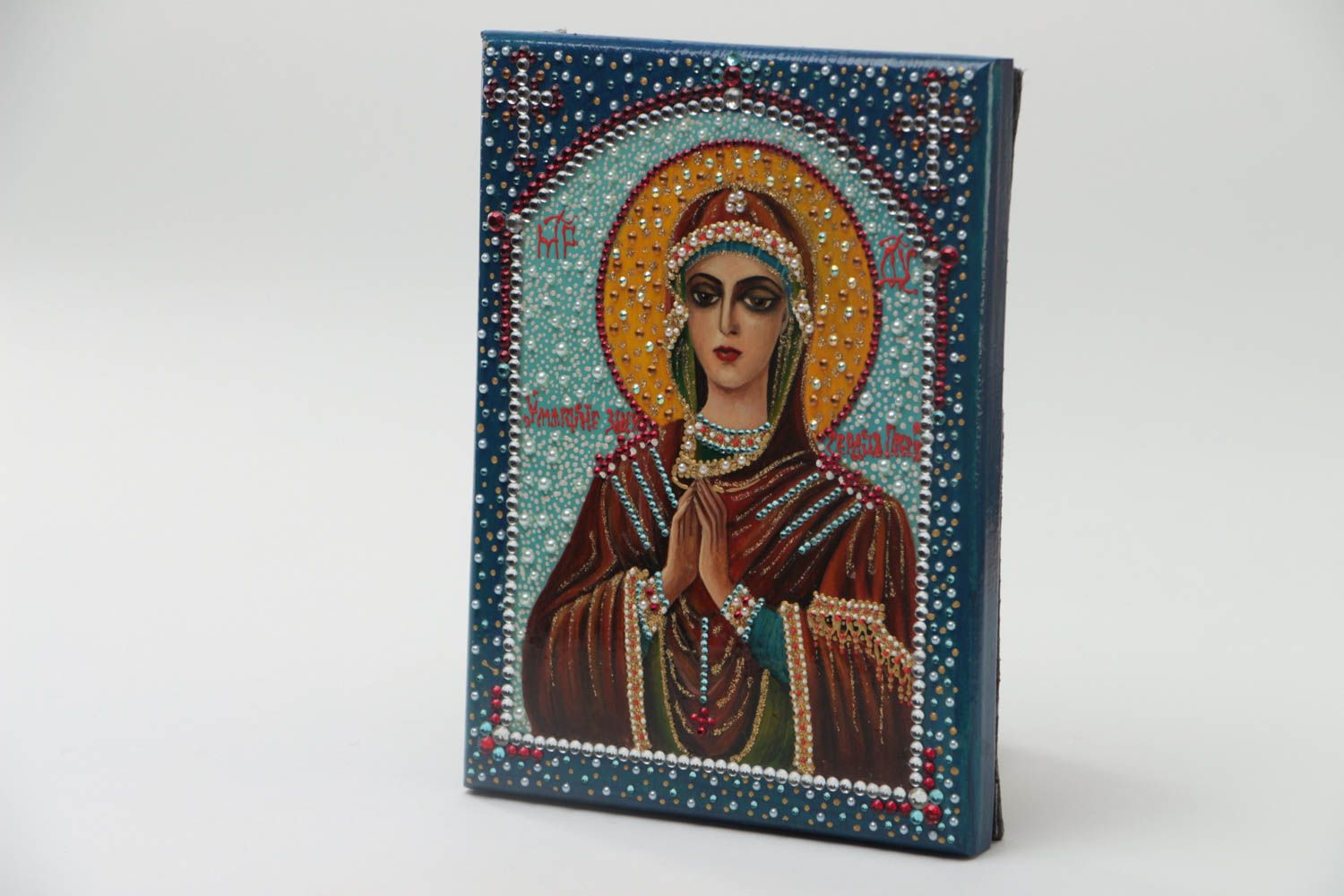 Handmade orthodox wooden icon painted with gouache Softener of Evil Hearts photo 2
