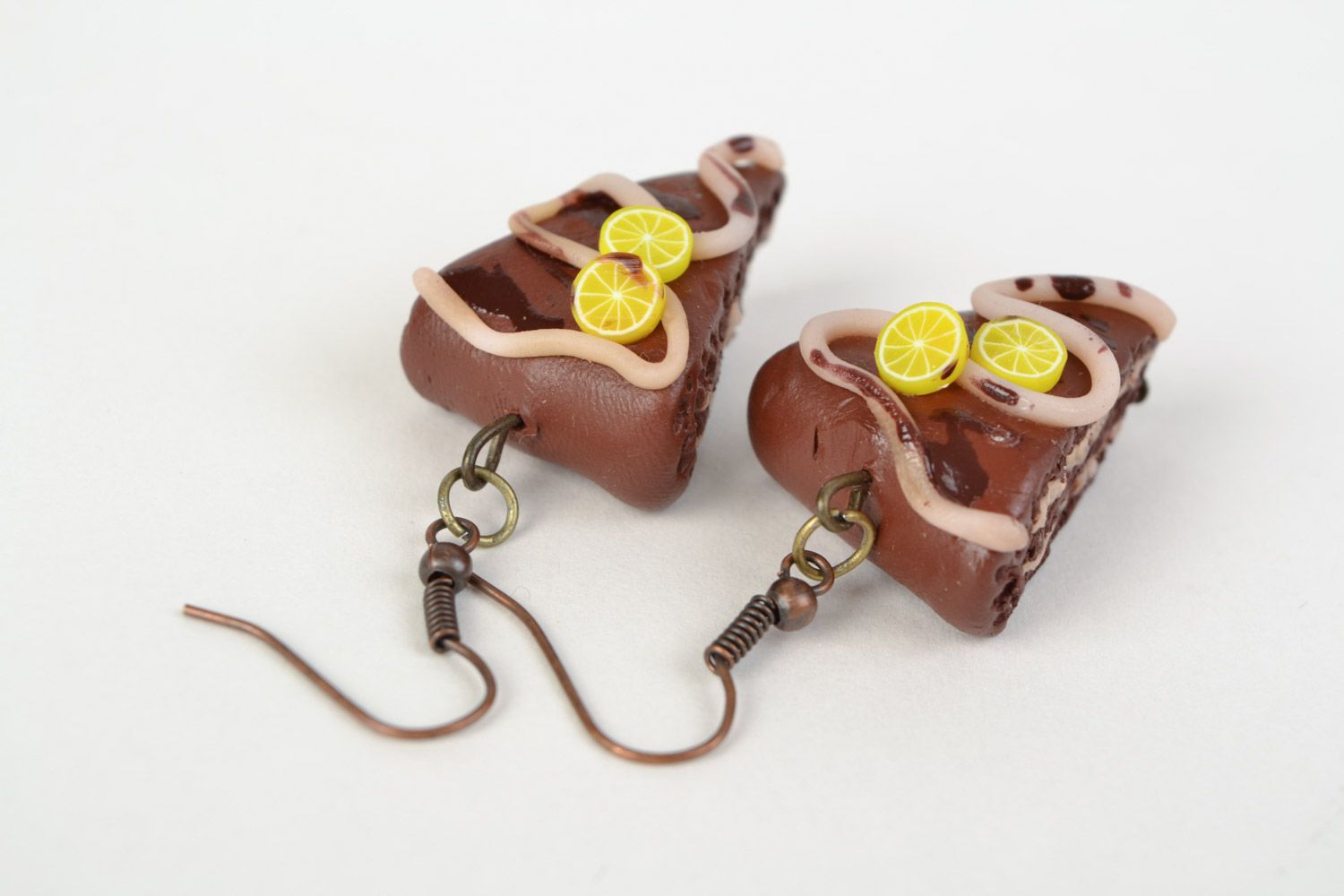 Unusual handmade polymer clay dangle earrings in the shape of chocolate cakes photo 5