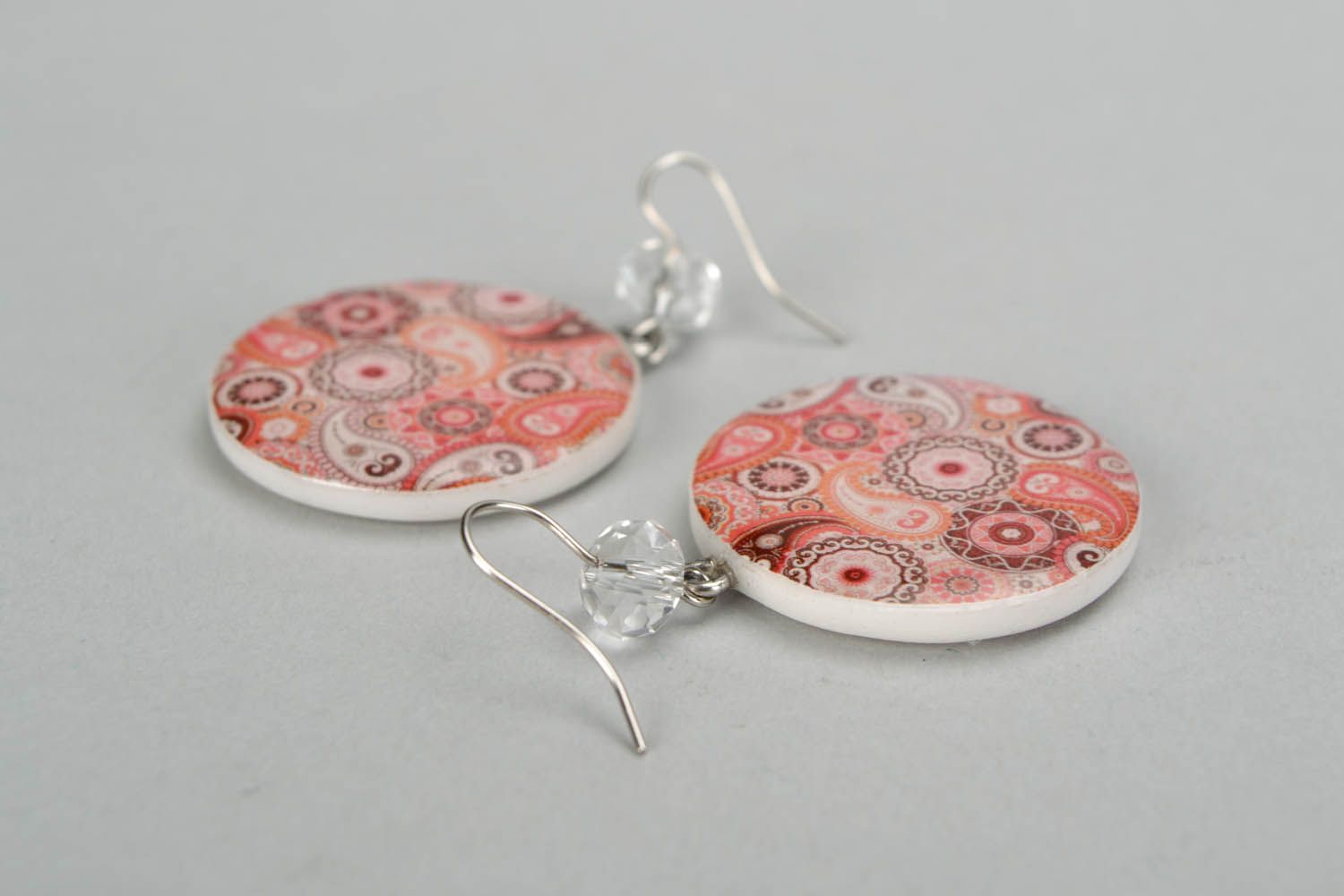 Pink polymer clay earrings Paisley photo 4