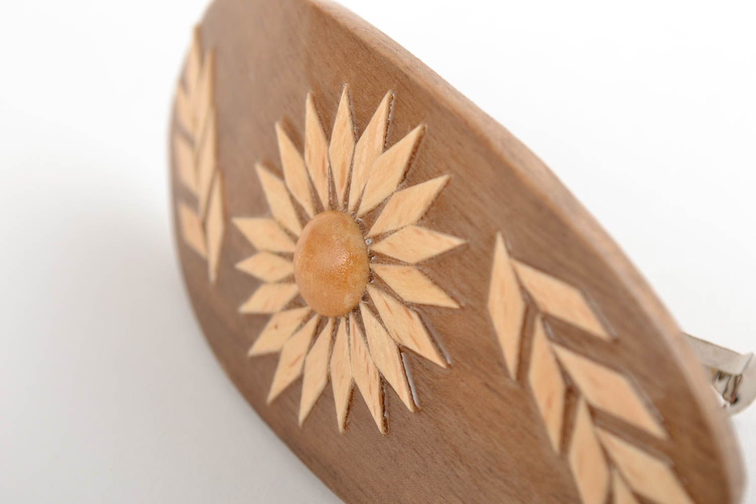 Stilvolle lackierte braune Damen Haarspange aus Holz mit Blumenmuster handmade foto 4