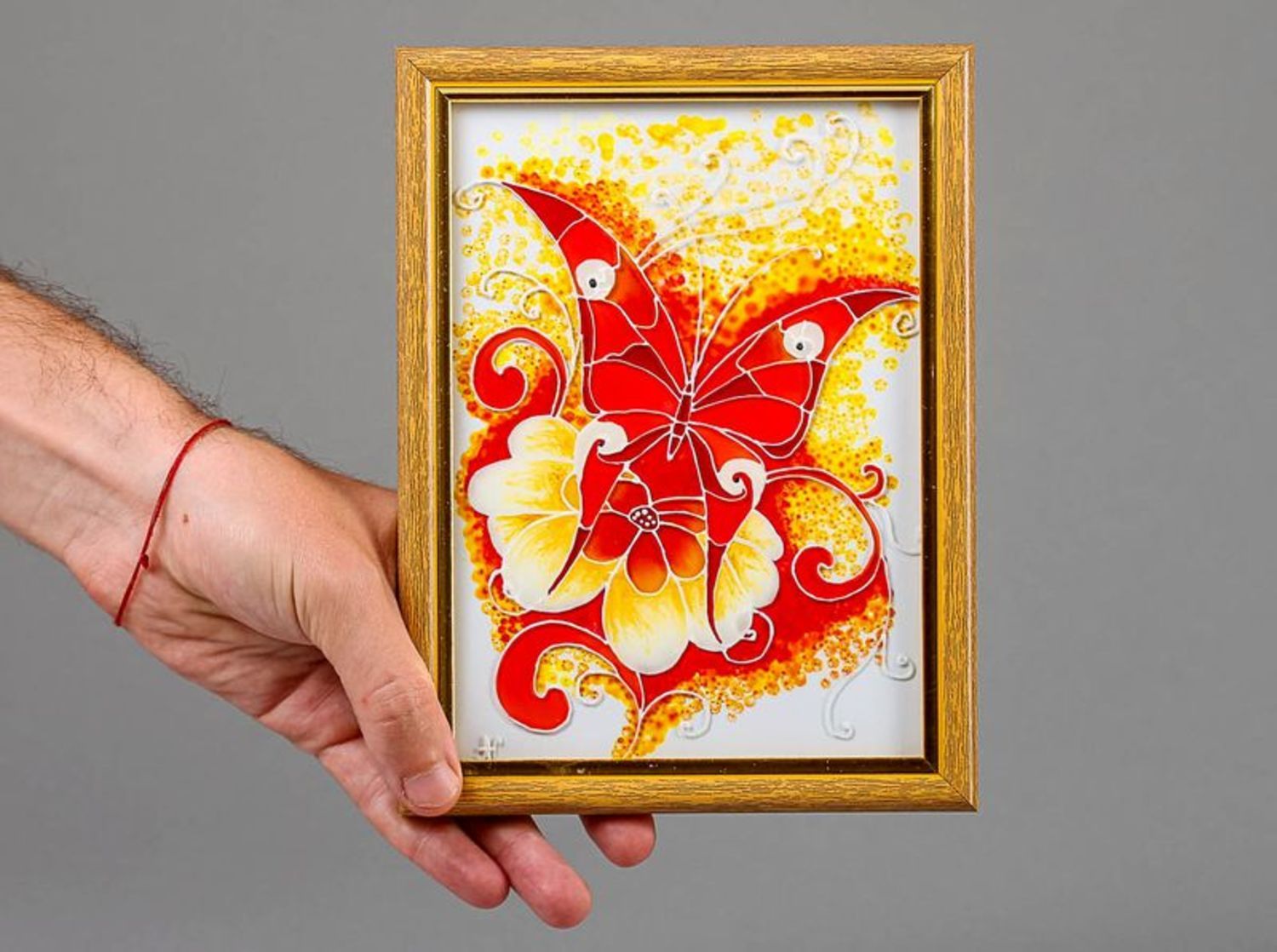 Витражная картина в деревянной рамке Огненная бабочка фото 4