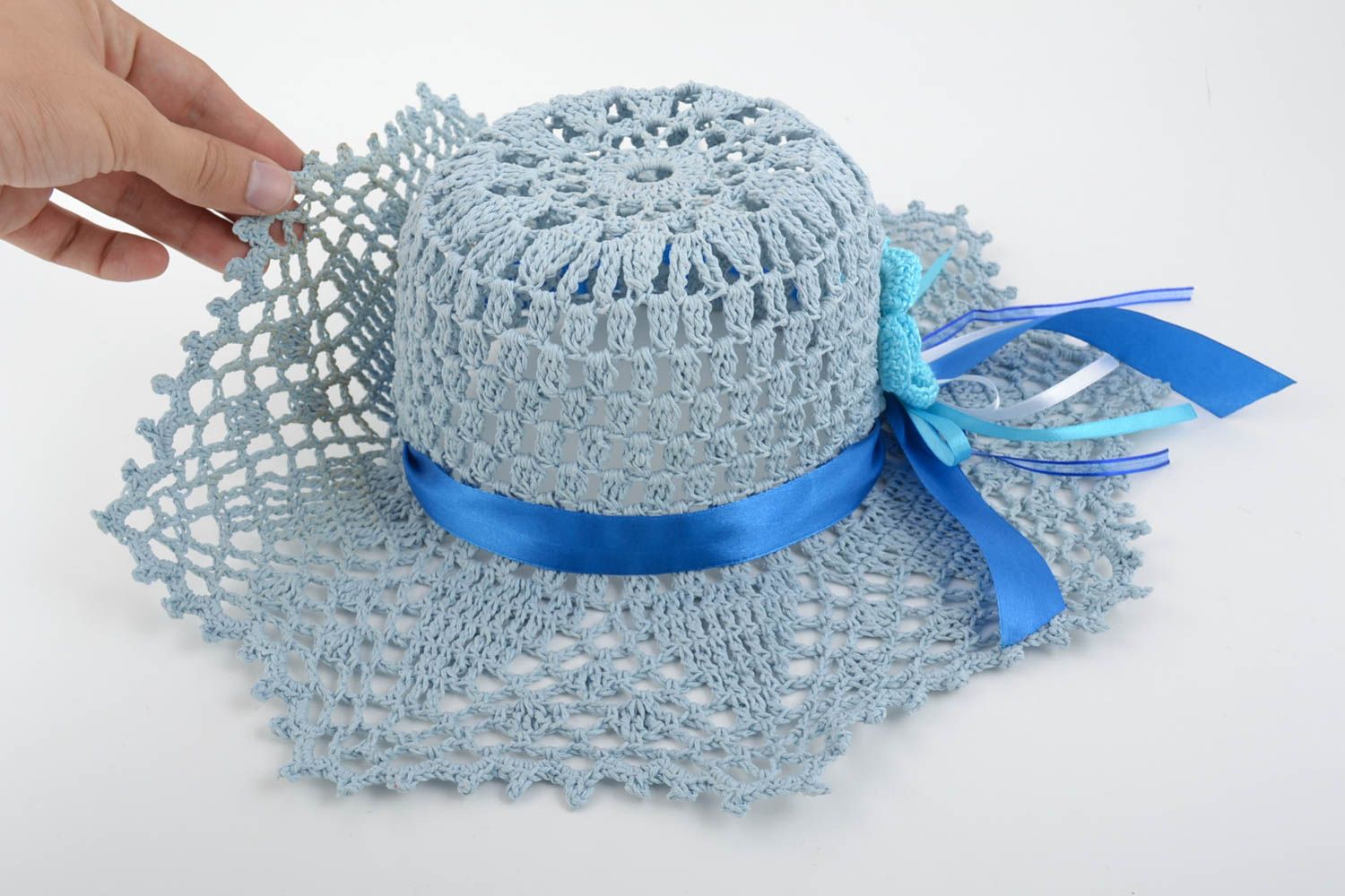 Handmade cotton crocheted lacy light summer hat with blue ribbon for women photo 3