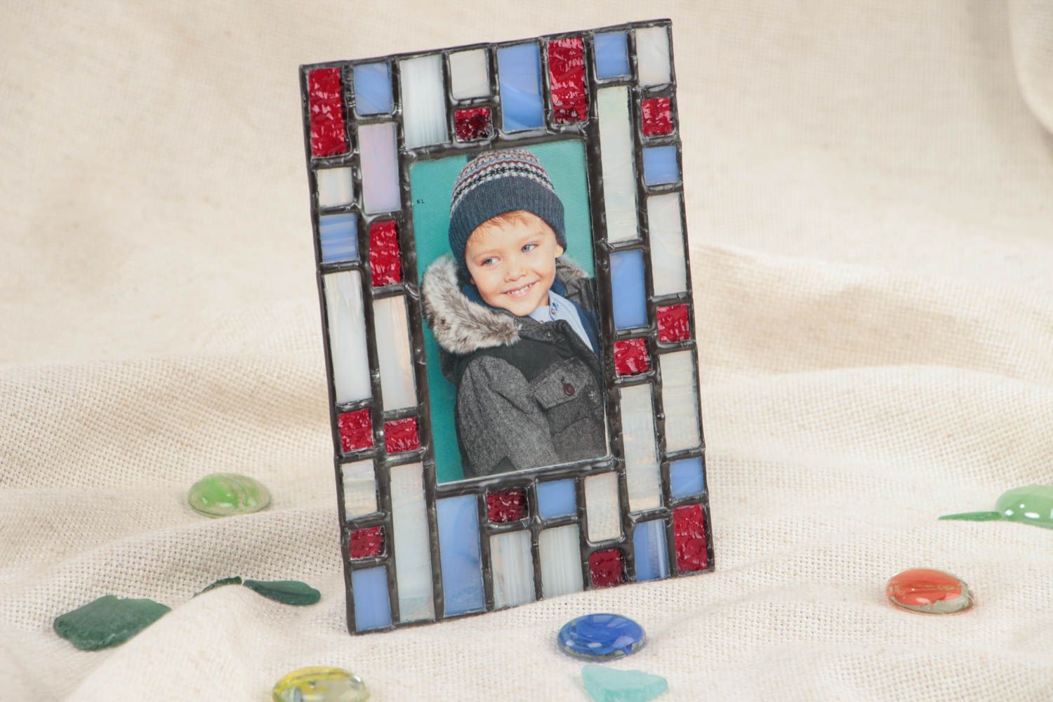 Blue and red handmade designer colorful stained glass photo frame photo 1