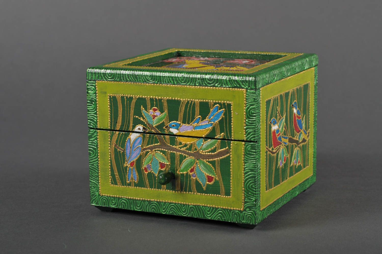 Шкатулка ручной работы мини-комод деревянная шкатулка зеленая с птичками фото 1