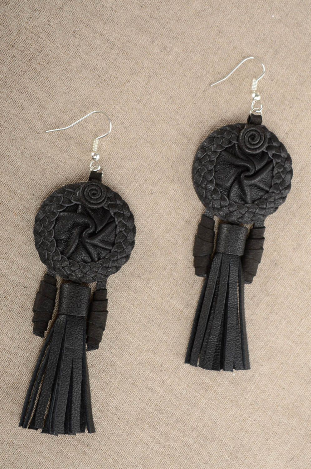 Leather earrings made using weaving and applique work techniques photo 4