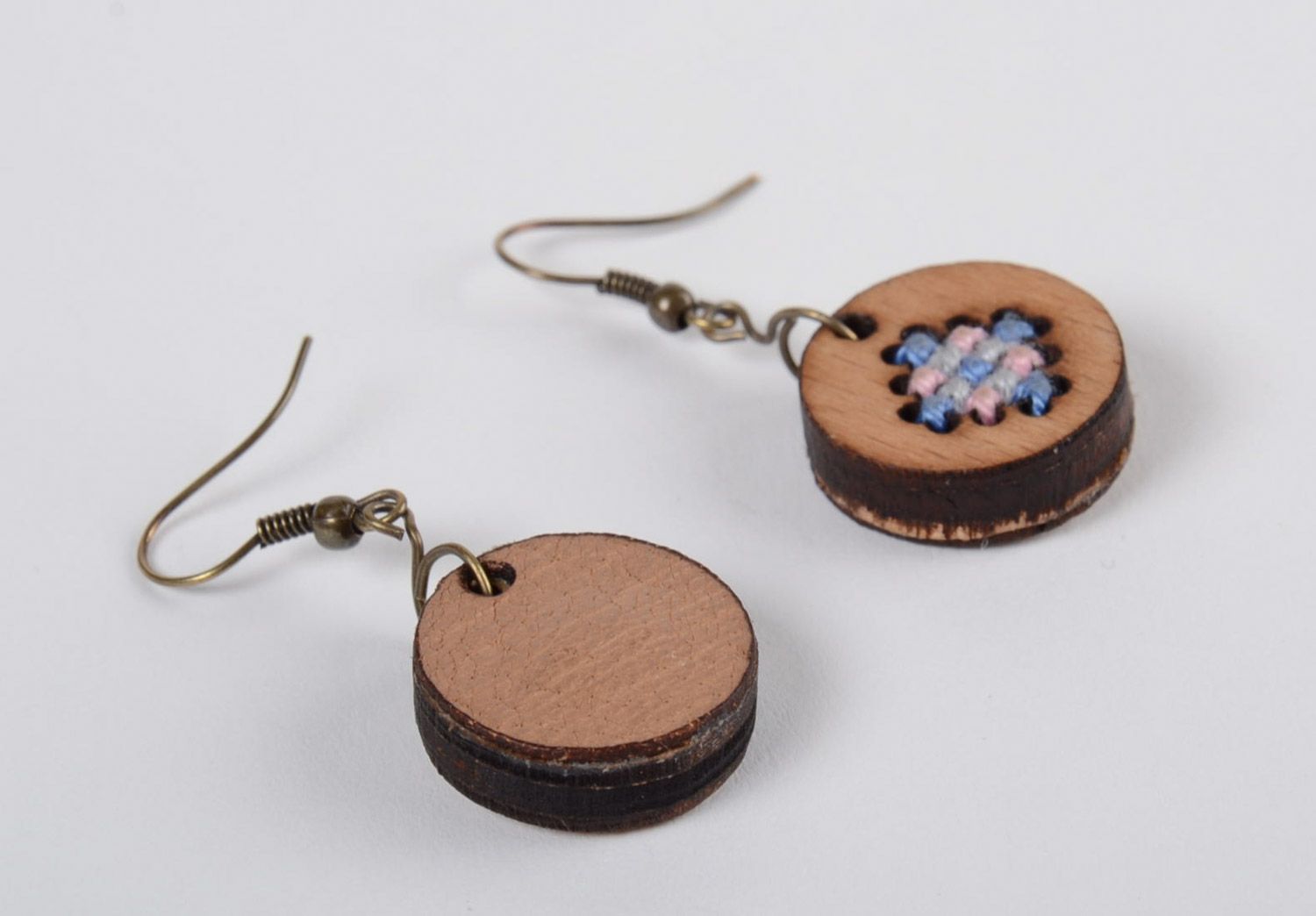Handmade plywood stylish designer's earrings with cross-stitch embroidery in eco style photo 3
