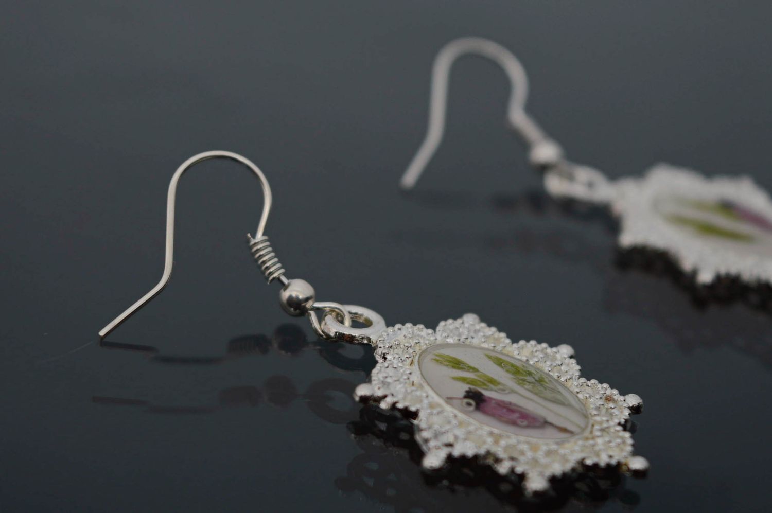 Long earrings with natural verbena flowers photo 4
