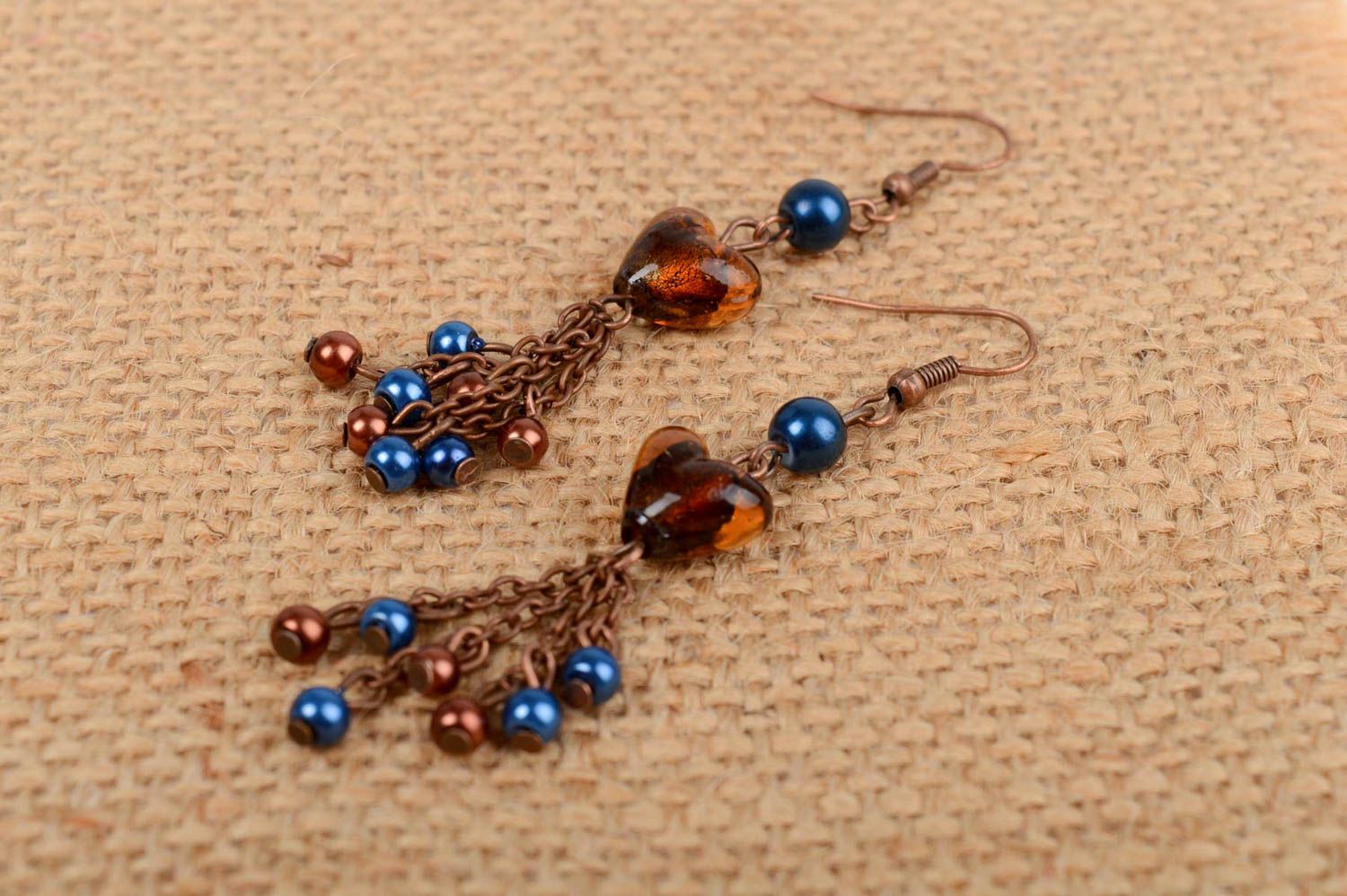Braun blaue Ohrringe aus keramischen Perlen und venezianischem Glas handmade  foto 1
