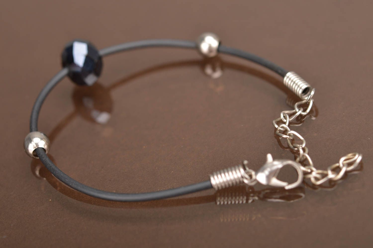 Handmade thin stylish unusual female black bracelet with Czech crystal photo 5