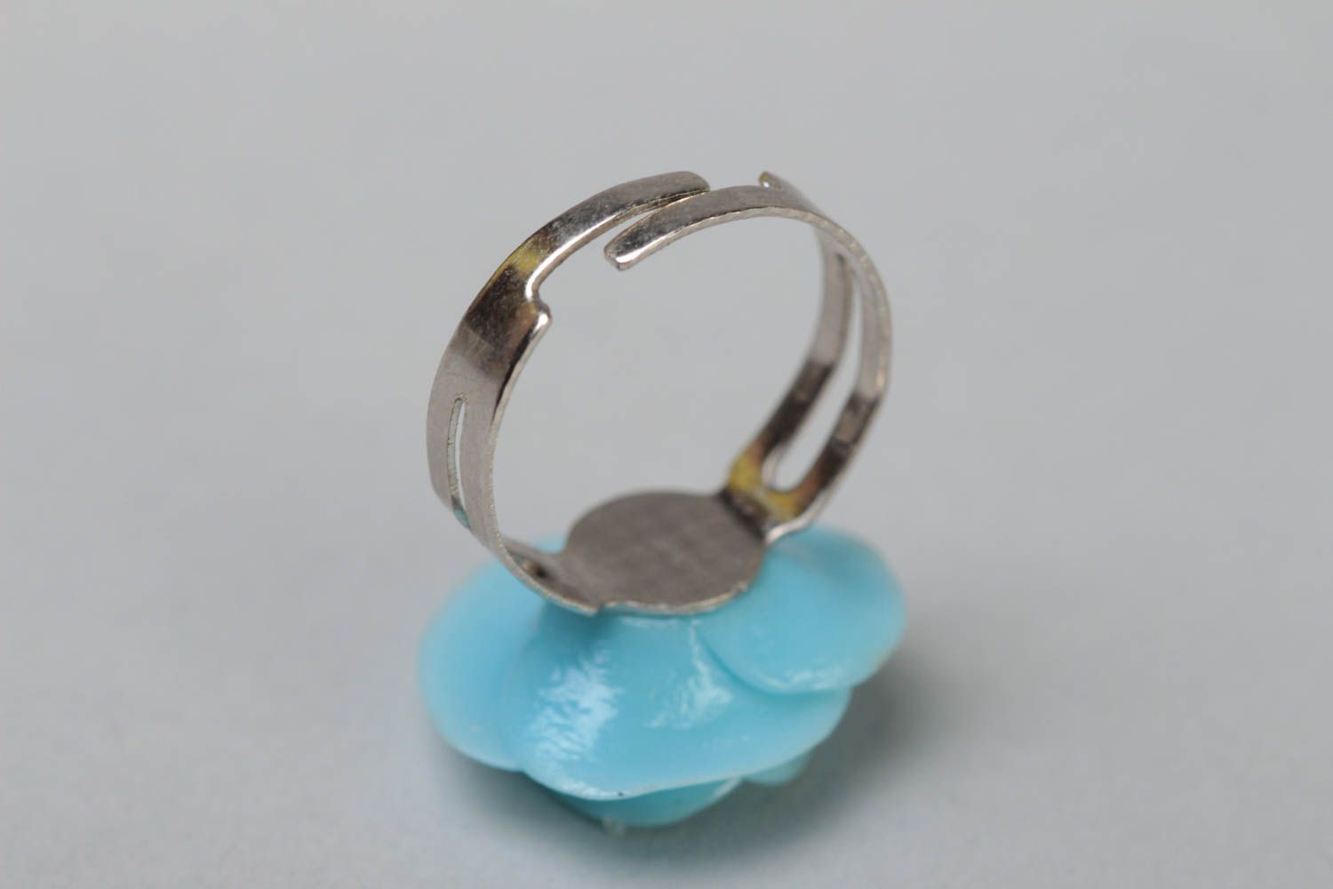 Handmade jewelry ring with metal basis and small polymer clay blue flower photo 4