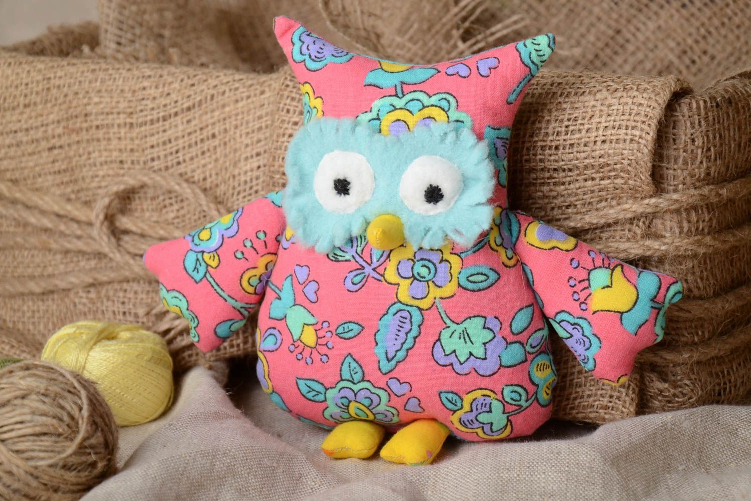 Handmade decorative soft toy owl made of calico and fleece funny gift for child  photo 1