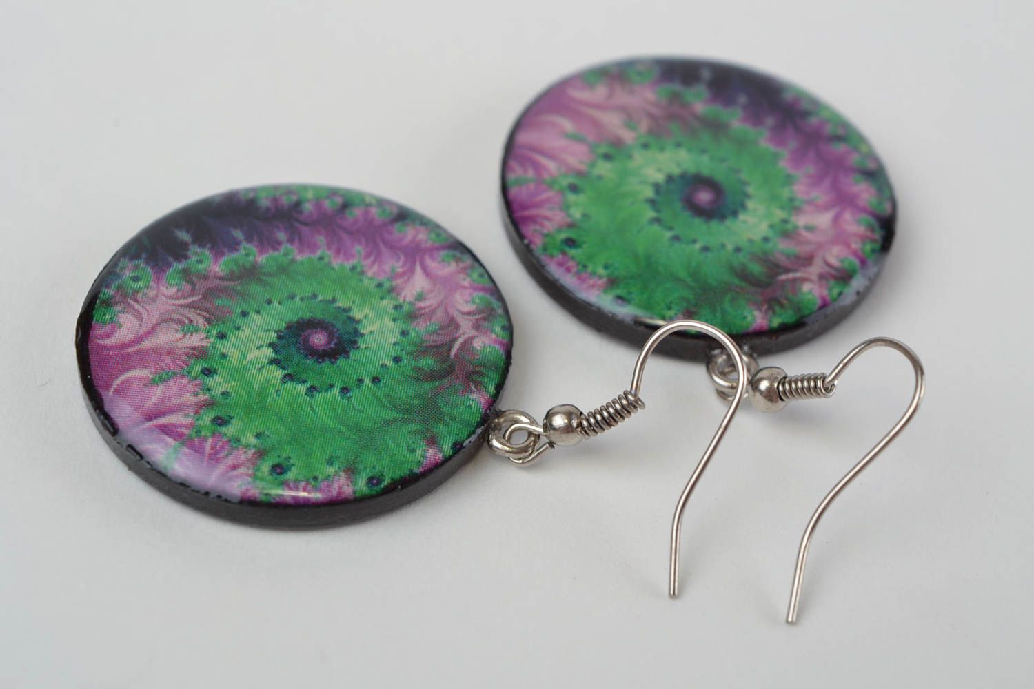 Large handmade designer polymer clay round earrings with decoupage photo 3