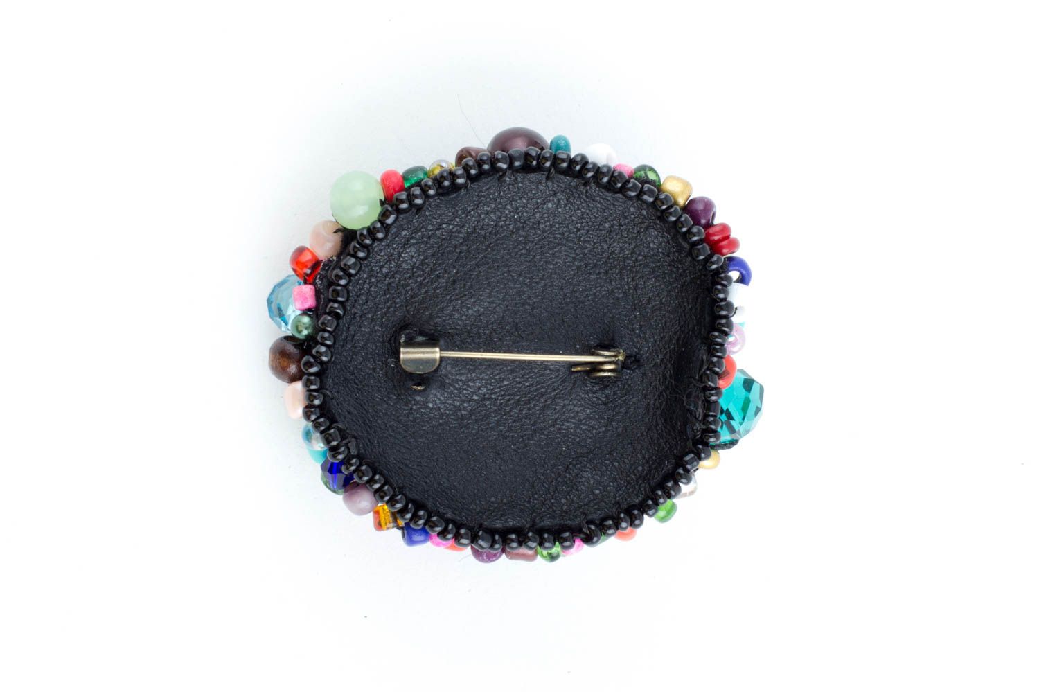 Handmade brooch with leather basis and colorful wooden stone crystal beads photo 3