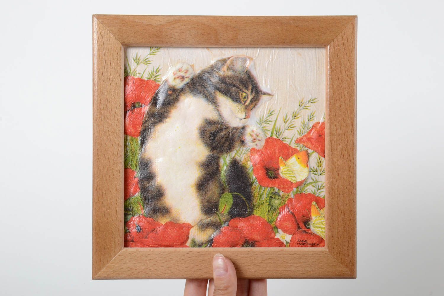 Petit Tableau carré en relief fait main chat et fleurs Décoration maison photo 5