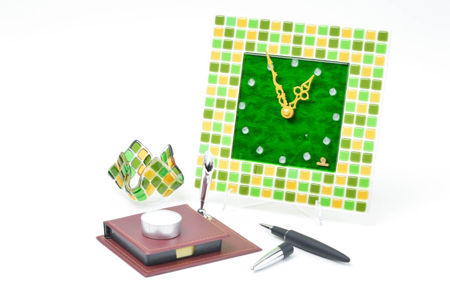 Зеленый комплект подсвечник ручной работы настенные часы подсвечник из стекла фото 1