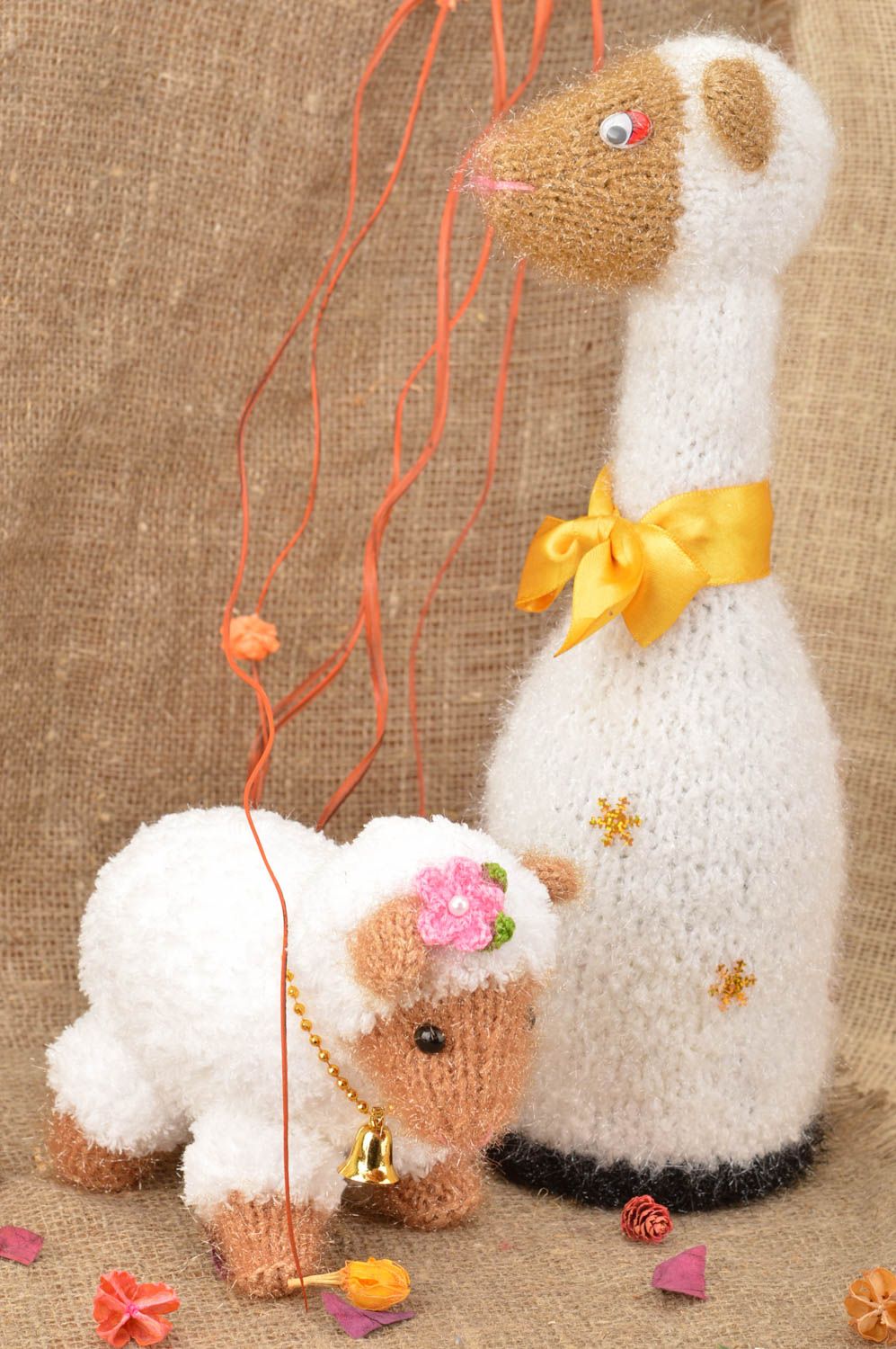 Set of handmade interior decorations crocheted soft toy and bottle cozy Lambs photo 1