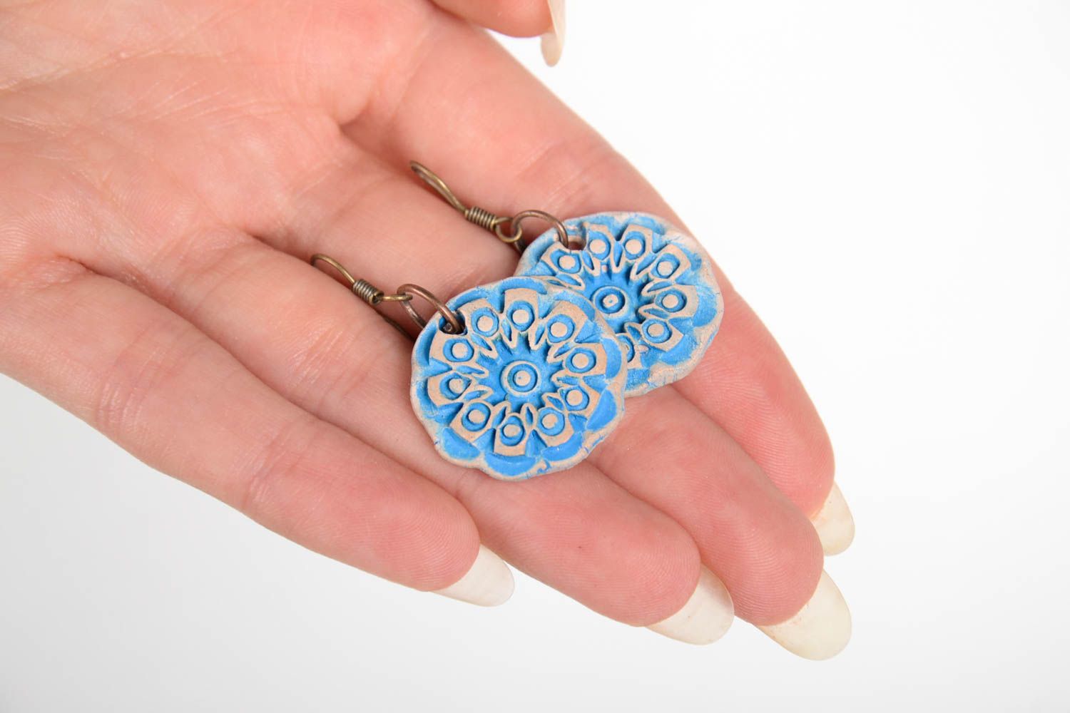 Handmade accessories round shaped ceramic earrings beautiful flower earrings photo 2