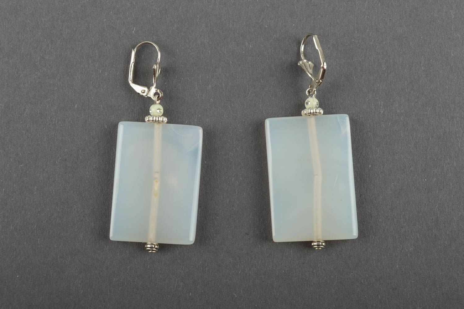 Unusual large handmade rectangular earrings with white agate natural stones photo 2
