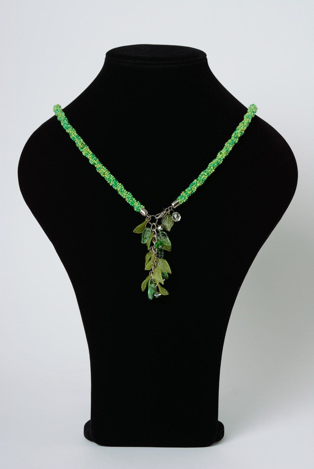 Beautiful long handmade necklace woven of beads in yellow and green colors for women photo 2