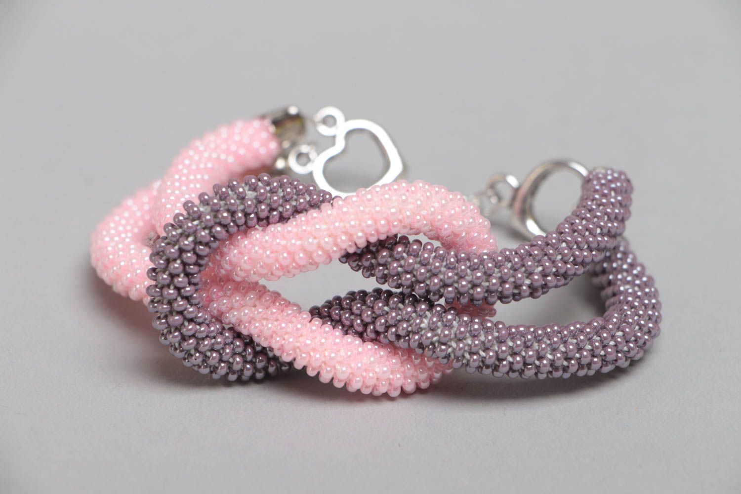 Handmade designer two colored gray and pink beaded cord wrist bracelet for women photo 3