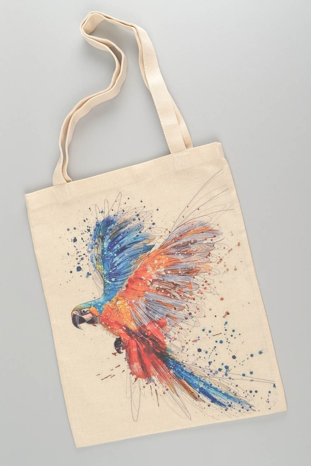 Handmade designer fabric women's bag with image of bright colorful parrot photo 2