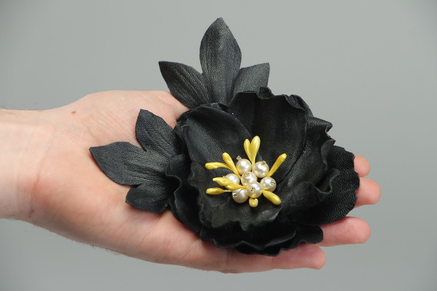 Handmade leather flower brooch with embossment photo 4