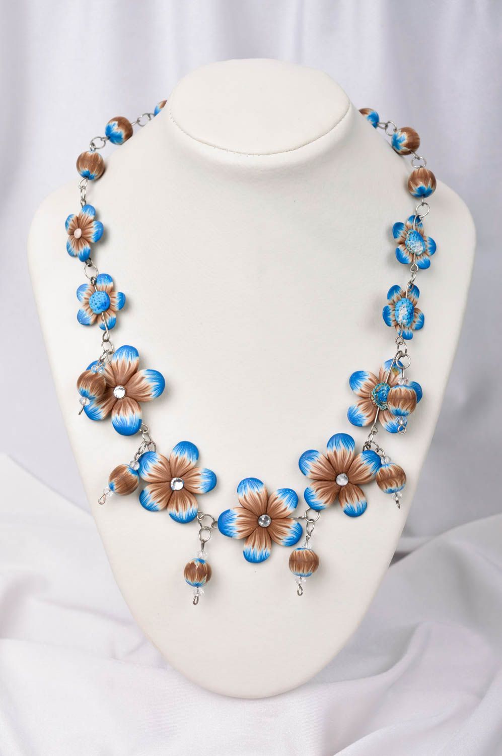 Колье ручной работы украшение на шею коричнево синие цветы элитная бижутерия фото 1