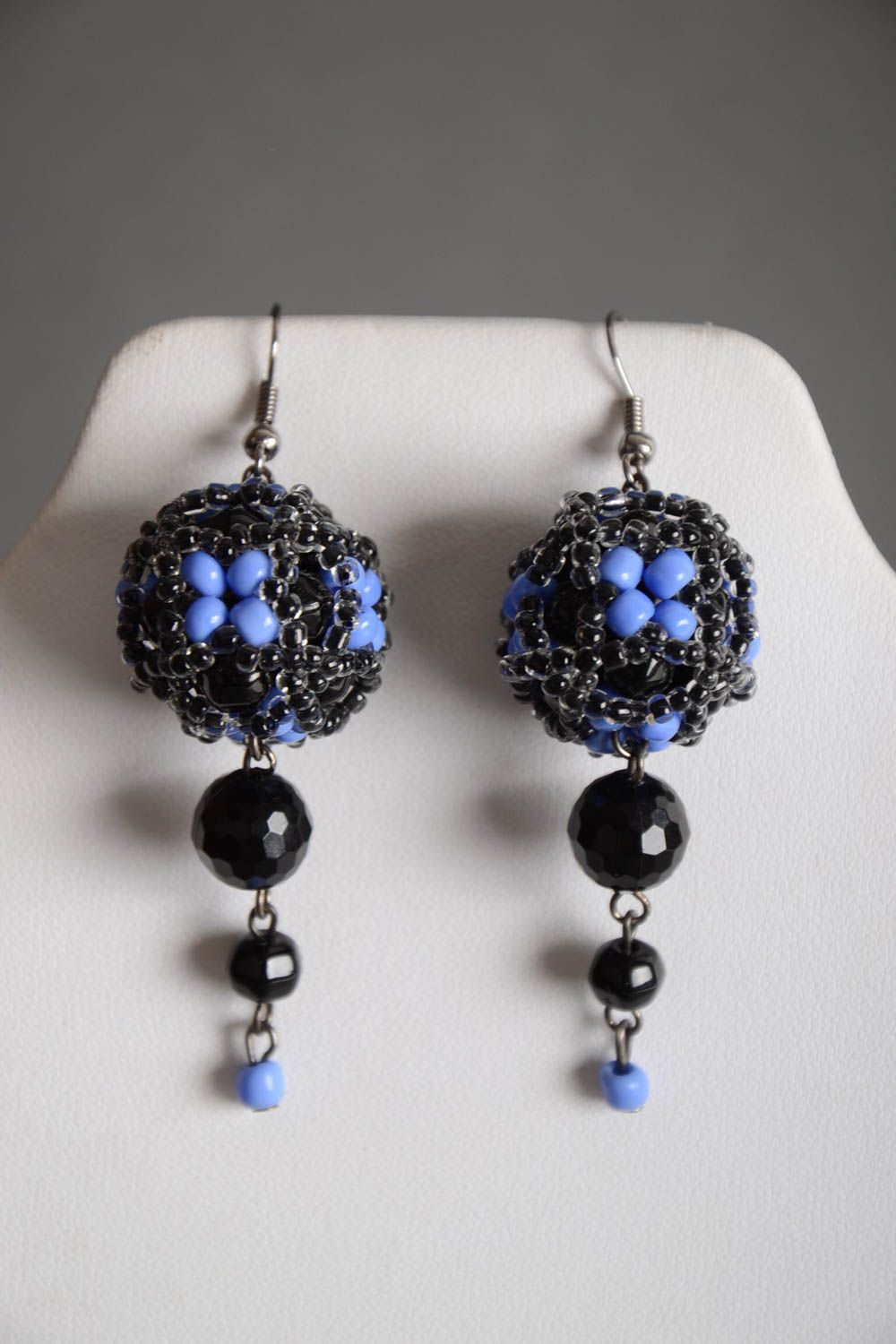 Handmade designer dangling earrings crocheted of blue and black seed beads photo 1