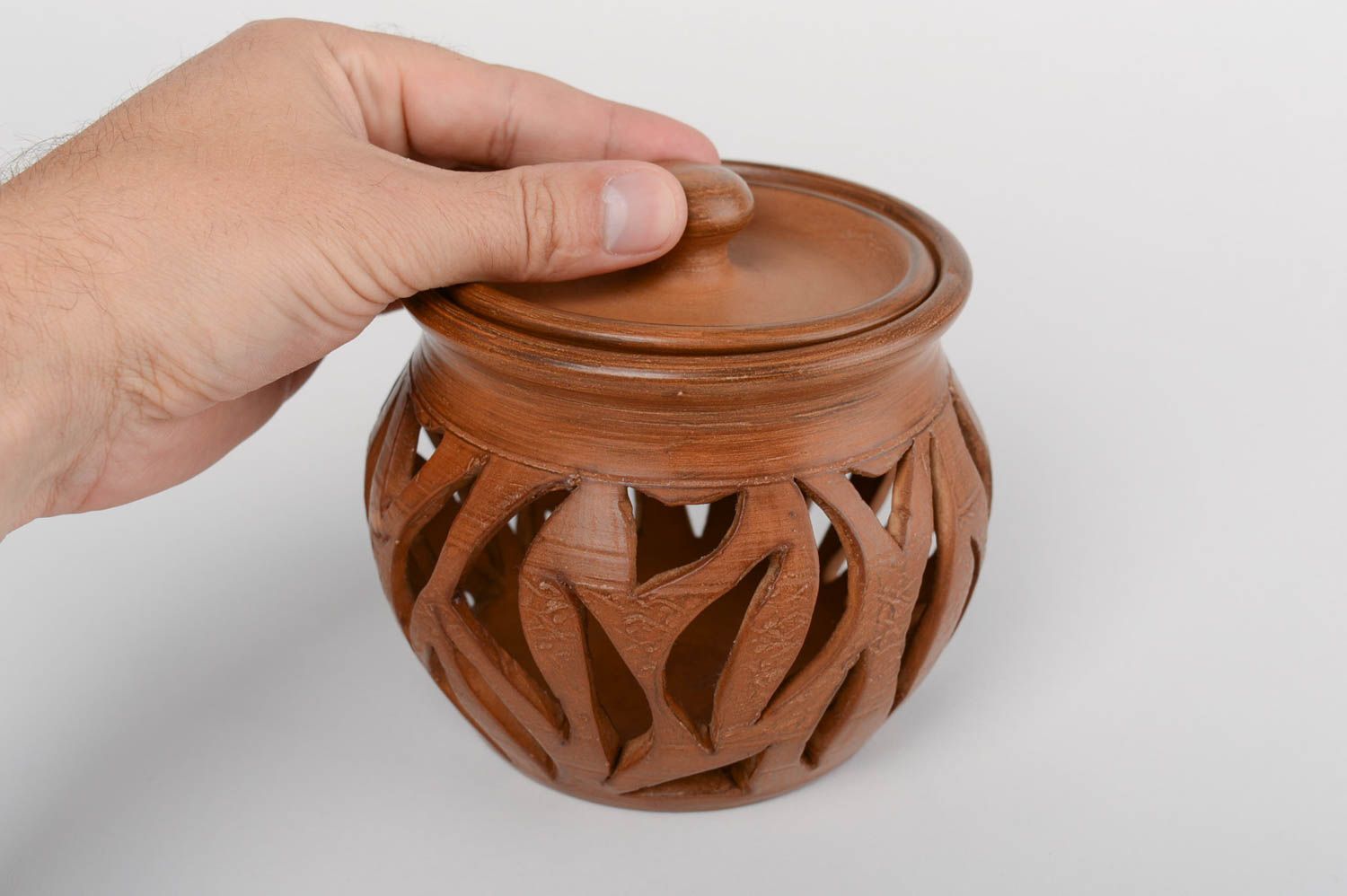 Brown handmade designer large terracotta clay aroma lamp with lid photo 5