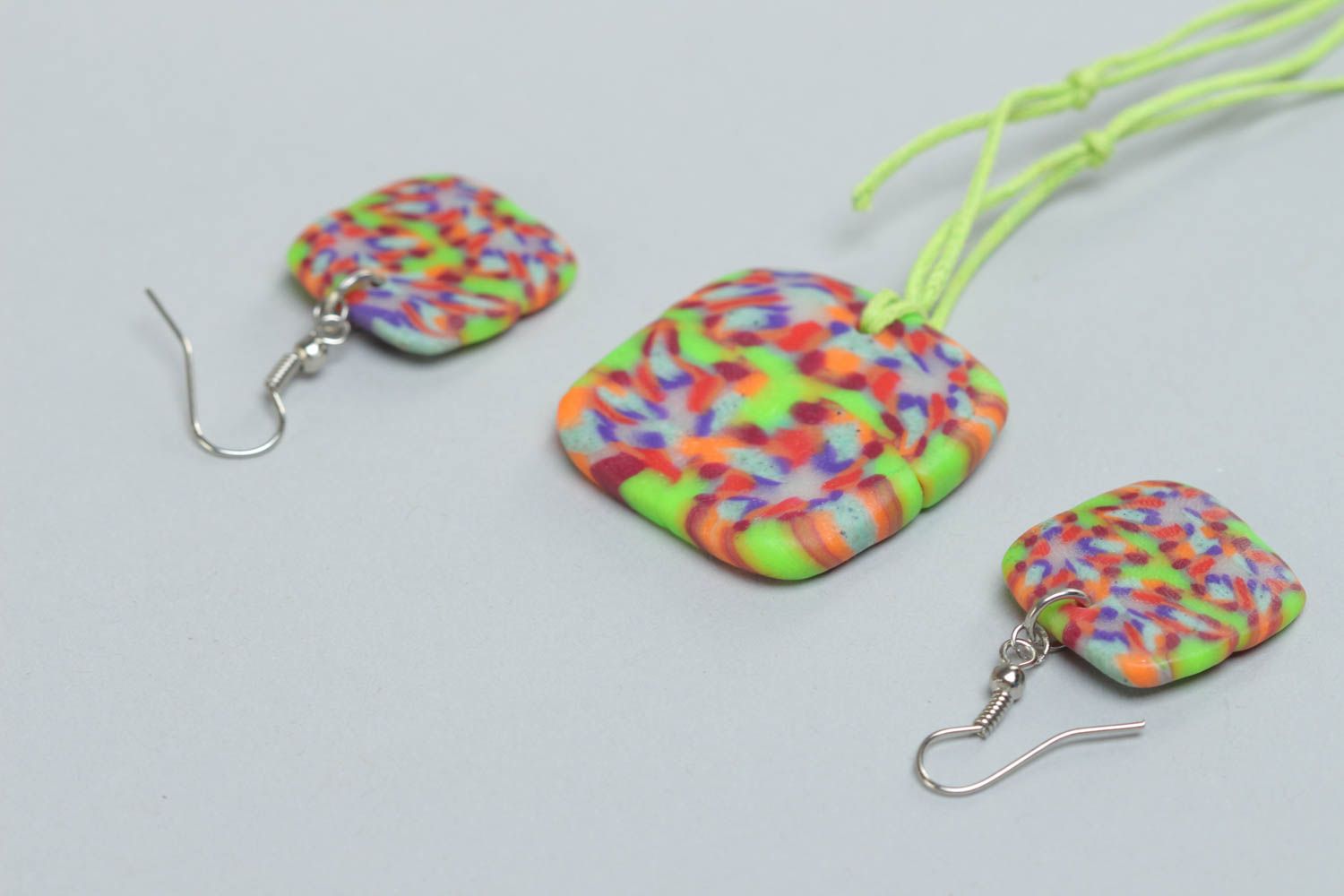 Set of handmade jewelry made of polymer clay bright pendant and earrings 2 pieces photo 4